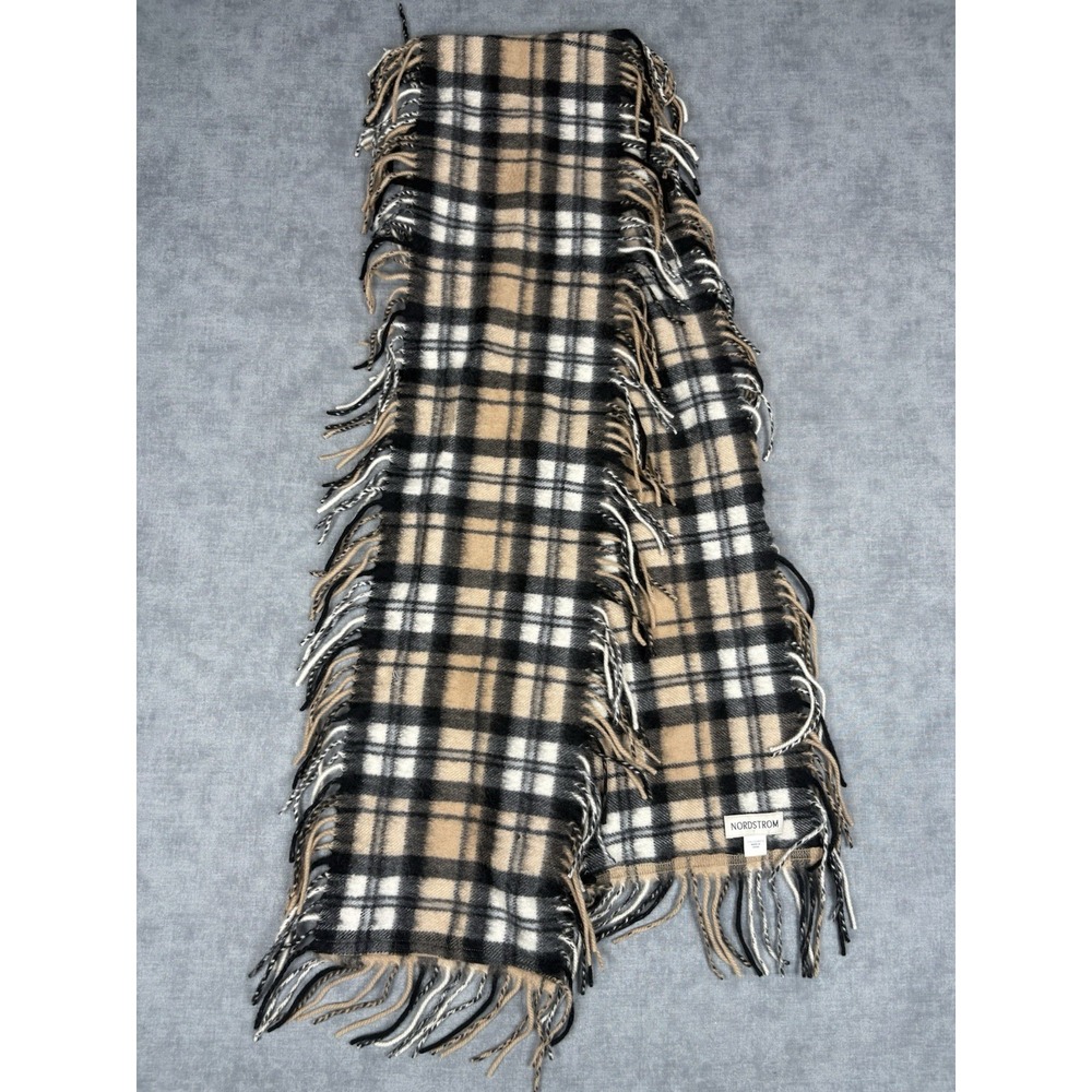 Nordstrom 100% Cashmere Scarf Tan Black White Plaid Fringe 60" Flaws